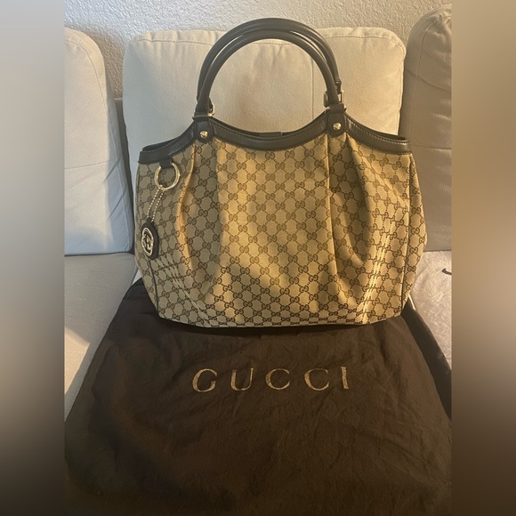 👜 Authentic Gucci Sukey Tote Bag – Large GG Canvas Beige/Ebony with Leather Trim - Picture 1 of 13